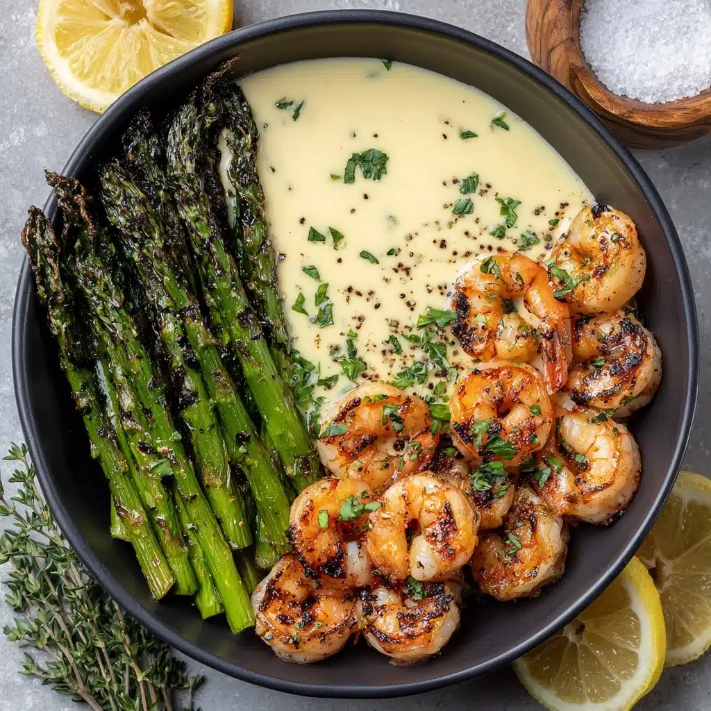 Grilled Shrimp Bowl with Asparagus & Creamy Garlic Sauce Recipe - Recipe Image