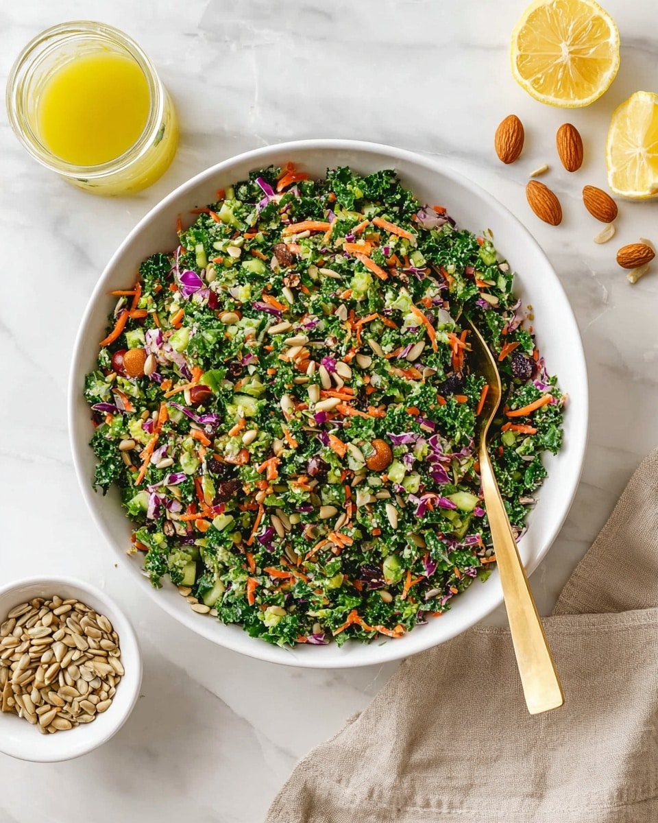 The image shows a fresh, colorful salad served in three white bowls of different sizes on a white marbled surface. The salad has many small chopped pieces with visible layers of green kale and lettuce, bright orange carrot shreds, deep purple cabbage, and some light beige almond pieces mixed throughout. The largest bowl is nearly full with a gold spoon inside, the medium bowl is partially visible with a serving, and the smallest bowl is in the foreground with a gold spoon resting inside it. Scattered around the bowls are whole almonds and a glass jar with yellow dressing, adding a natural and fresh feel to the scene. A white cloth is slightly visible in the bottom right corner. Photo taken with an iphone --ar 4:5 --v 7