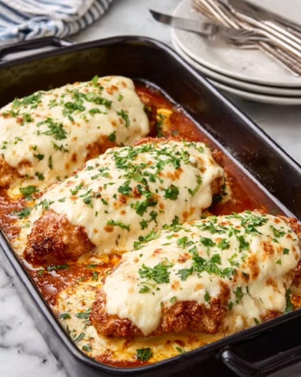 The image shows three pieces of chicken parmesan arranged in a black baking pan. Each piece is covered with a layer of melted, creamy white cheese that has a smooth texture. Below the cheese is a golden brown, crispy breaded chicken layer visible around the edges. The chicken sits in a rich, deep red marinara sauce that fills the bottom of the pan. Fresh green parsley is sprinkled on top of the cheese, adding a touch of color. The background surface is a white marbled texture, and silver forks and white plates are slightly visible behind the pan. Photo taken with an iphone --ar 4:5 --v 7