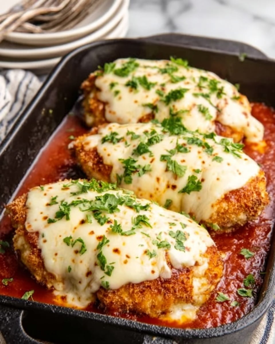 The image shows a close-up of three baked chicken breasts in a black rectangular baking dish, each topped with a thick layer of melted, creamy white cheese sprinkled with finely chopped green herbs. The chicken breasts are golden brown and crispy underneath the cheese, and the dish has a layer of reddish-brown sauce visible around the edges. The cheese looks smooth and slightly bubbly, with some browned spots on top. The baking dish is set on a white marbled surface, and there is a stack of white plates with silver forks in the background. Photo taken with an iphone --ar 4:5 --v 7