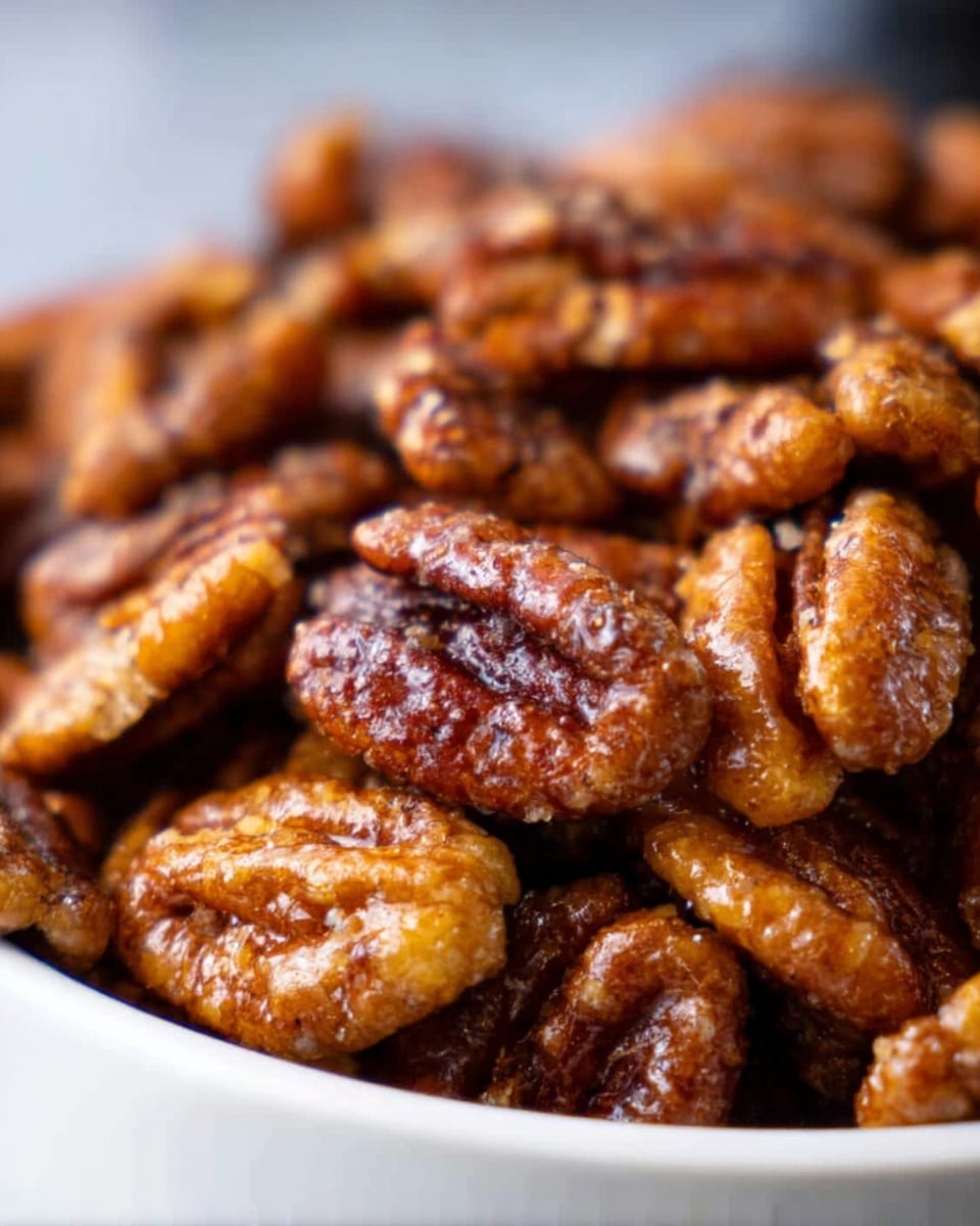 The image shows a close-up of a bowl filled with glazed pecans, each nut covered in a shiny, sugary coating that gives them a rich, caramel-brown color with a slightly rough texture. The bowl is white, and the pecans appear stacked tightly together, filling the frame with their glossy, uneven surfaces and natural grooves. The focus highlights the glistening glaze while the background is blurred with a white marbled texture. Photo taken with an iphone --ar 4:5 --v 7