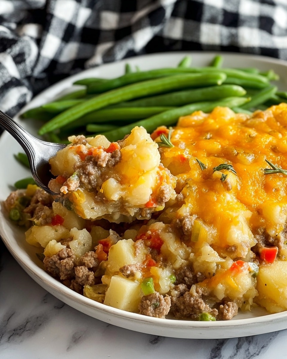 The dish is a close-up view of a creamy potato casserole served on a white plate. The bottom layer has small white potato cubes mixed evenly with bits of ground meat and diced red and green bell peppers. The top layer is melted cheddar cheese spread unevenly, creating a golden orange and slightly browned texture with some creamy sauce seeping through the layers. The dish looks warm and thick with a soft, gooey texture. The background shows a white marbled surface with a black-and-white checkered cloth partially visible behind the plate. Photo taken with an iphone --ar 4:5 --v 7