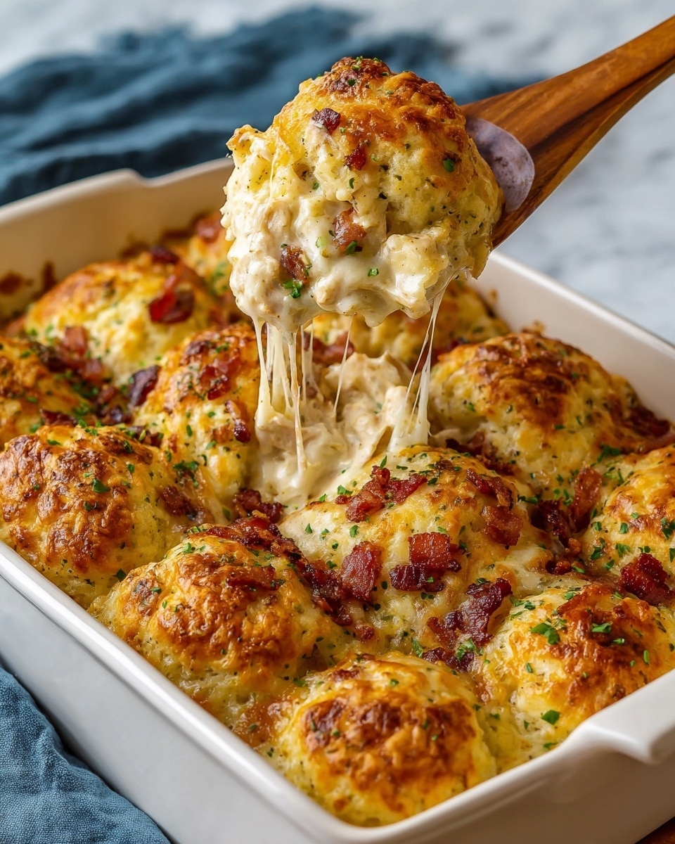 A white baking dish holds a cheesy casserole with two layers visible: the top layer is golden brown with melted cheese that is bubbly and slightly crispy, dotted with small pieces of browned bacon and finely chopped green herbs scattered on top; the second layer visible inside is creamy and white with a smooth texture, showing some melted cheese stretching as a wooden spatula lifts a scoop out of the dish. The casserole is set on a white marbled surface, with a warm and inviting look. Photo taken with an iphone --ar 4:5 --v 7