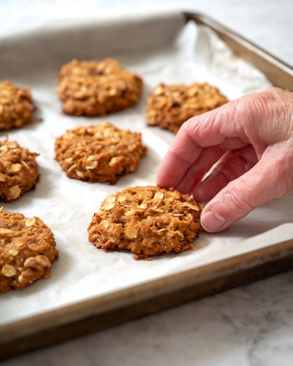 A close-up view of multiple rough-textured oat and nut cookies, each with visible chunks of oats and nuts, showing a golden-brown color with a slightly uneven shape. The cookies are piled on a white plate, with one cookie resting on a light brown cloth napkin on a white marbled surface. The background is bright white, and the focus is mainly on the front cookies showing their coarse, crunchy texture. photo taken with an iphone --ar 4:5 --v 7