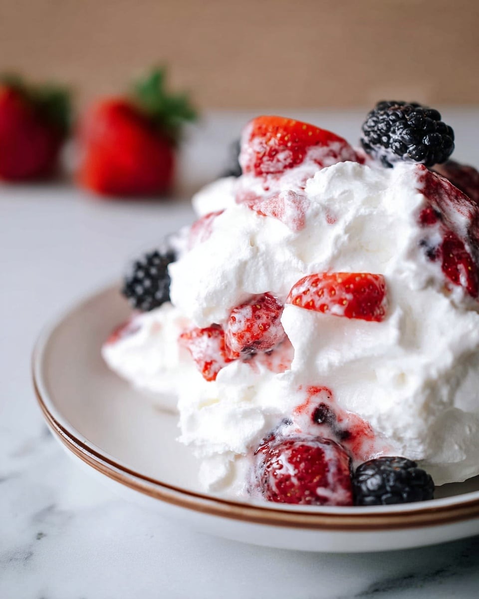 A close-up of a dessert with several layers of white whipped cream mixed with bright red strawberries and scattered blackberries, all piled on a white plate with a thin brown rim. The whipped cream looks soft and fluffy, covering and holding the berries within it. In the blurry background, there are a few whole strawberries placed on a white marbled surface. The dessert appears fresh and creamy with a mix of bright red, black, and white colors. Photo taken with an iphone --ar 4:5 --v 7