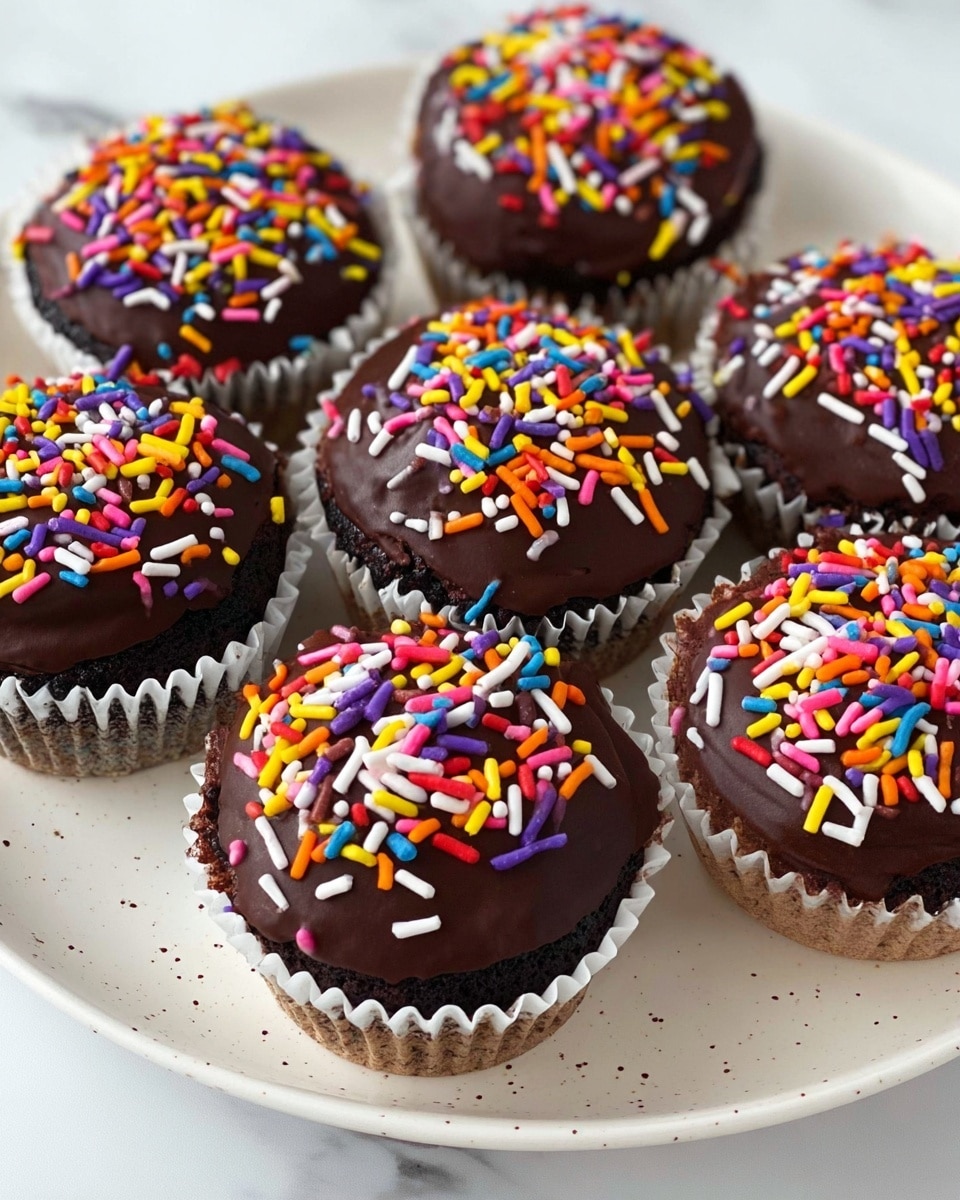 The image shows eight small chocolate cupcakes arranged on a white plate with small speckles, placed on a white marbled surface. Each cupcake has one layer of dark chocolate cake and is topped with a smooth, glossy layer of dark chocolate frosting. On top of the chocolate frosting is a layer of colorful sprinkles in various shapes and colors including red, yellow, orange, purple, pink, blue, and white. The cupcakes have white paper liners that frame the dark cake, and the cupcakes are evenly spaced with the middle cupcake centered in the image. Photo taken with an iphone --ar 4:5 --v 7