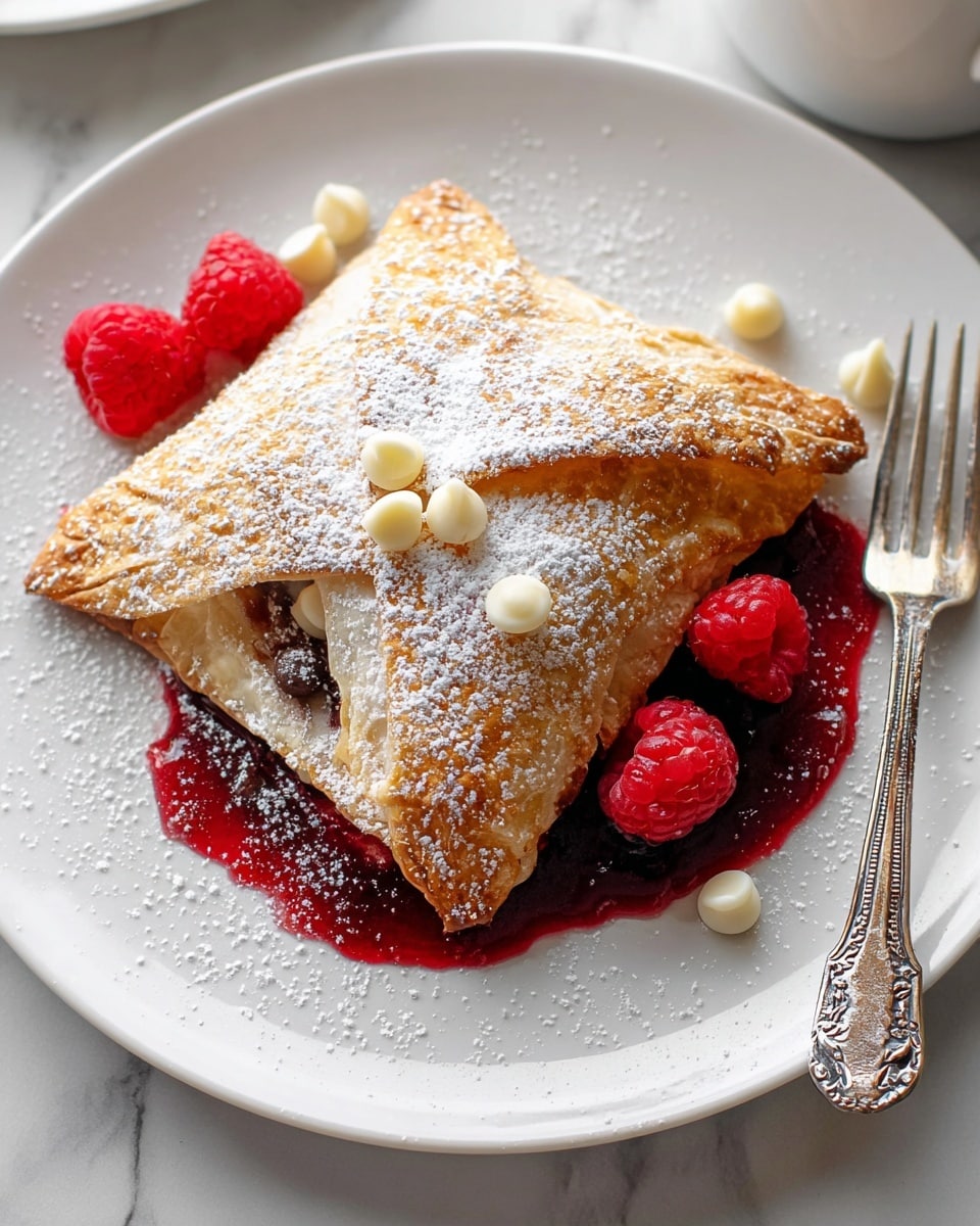 A white plate holds a golden-brown, square-shaped pastry dusted with powdered sugar, with a small tear revealing a dark chocolate filling inside. Beneath the pastry is a thick, deep red berry sauce spread irregularly on the plate. Around the pastry, there are fresh red raspberries, small white and brown chocolate chips scattered on top and around the dessert. A silver fork with detailed handle rests on the right side of the plate, also dusted lightly with powdered sugar. The plate sits on a white marbled surface, and a small bowl with white and brown chocolate chips is partially visible in the top left corner. photo taken with an iphone --ar 4:5 --v 7
