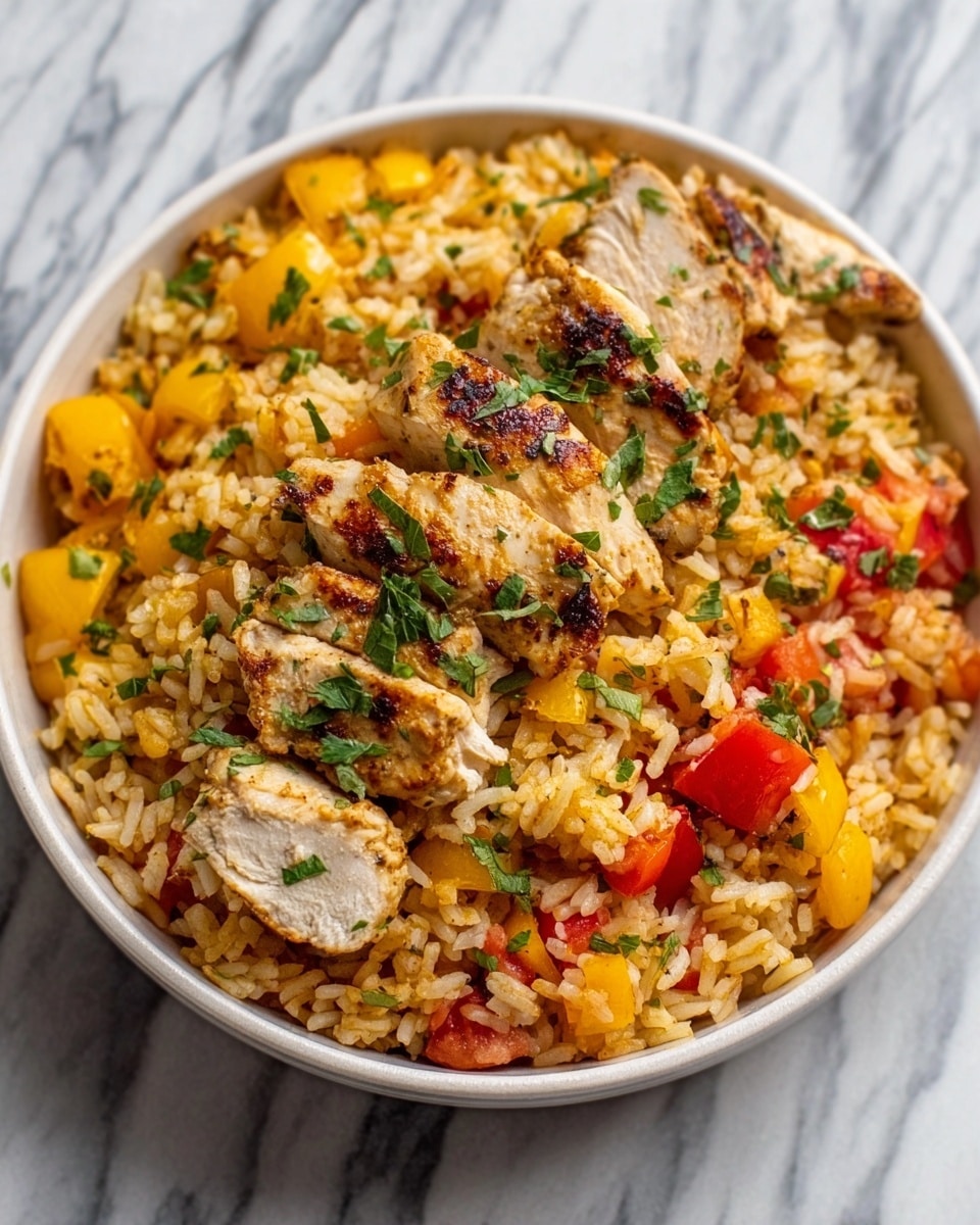 A white bowl filled with a layered rice dish placed on a white marbled surface. The bottom layer consists of cooked rice mixed with small pieces of tomatoes and herbs that add a soft red and green color. Above the rice, there are chunks of yellow bell peppers scattered throughout. The top layer features grilled chicken pieces that are light brown with grill marks, sprinkled with fresh green herbs. The overall colors are warm and inviting, with a textured mix of soft rice, firm vegetables, and lightly charred chicken. photo taken with an iphone --ar 4:5 --v 7