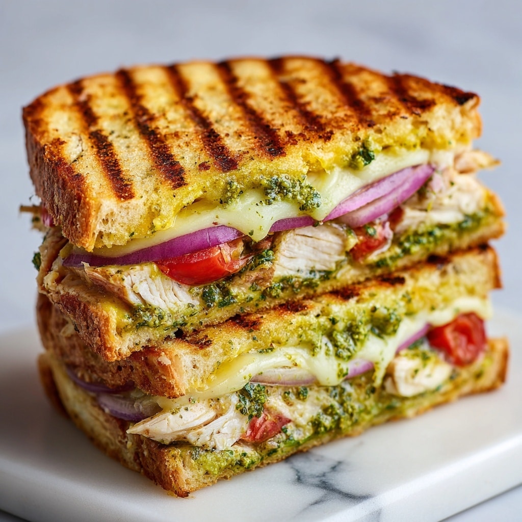The image shows an Italian chicken panini with two layers inside a golden-brown grilled sandwich bread. The top layer has melted yellow cheese and thin slices of red onion over a bed of green pesto spread. The bottom layer includes thick pieces of cooked white chicken and slices of red tomato resting on more green pesto. The toasted bread has clear grill marks and a crispy texture. The sandwich is placed on a white plate with a white marbled surface background. photo taken with an iphone --ar 4:5 --v 7