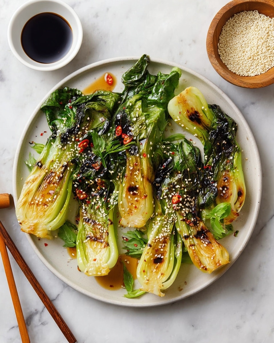 The dish shows a close-up of grilled bok choy on a white plate, placed on a white marbled surface. The bok choy is cut in halves and cooked until parts of the pale green stems turn golden brown with light charring, and the dark green leaves are wilted and glossy. The layers of the bok choy reveal a soft, tender texture with some sections caramelized at the edges. Scattered white sesame seeds and small red chili flakes add texture and color contrast on top. A woman's hand holding light brown wooden chopsticks is picking up one piece of bok choy, focusing on the glistening stem. The lighting highlights the fresh green and brown hues while showing the slight oil sheen on the vegetable. photo taken with an iphone --ar 4:5 --v 7