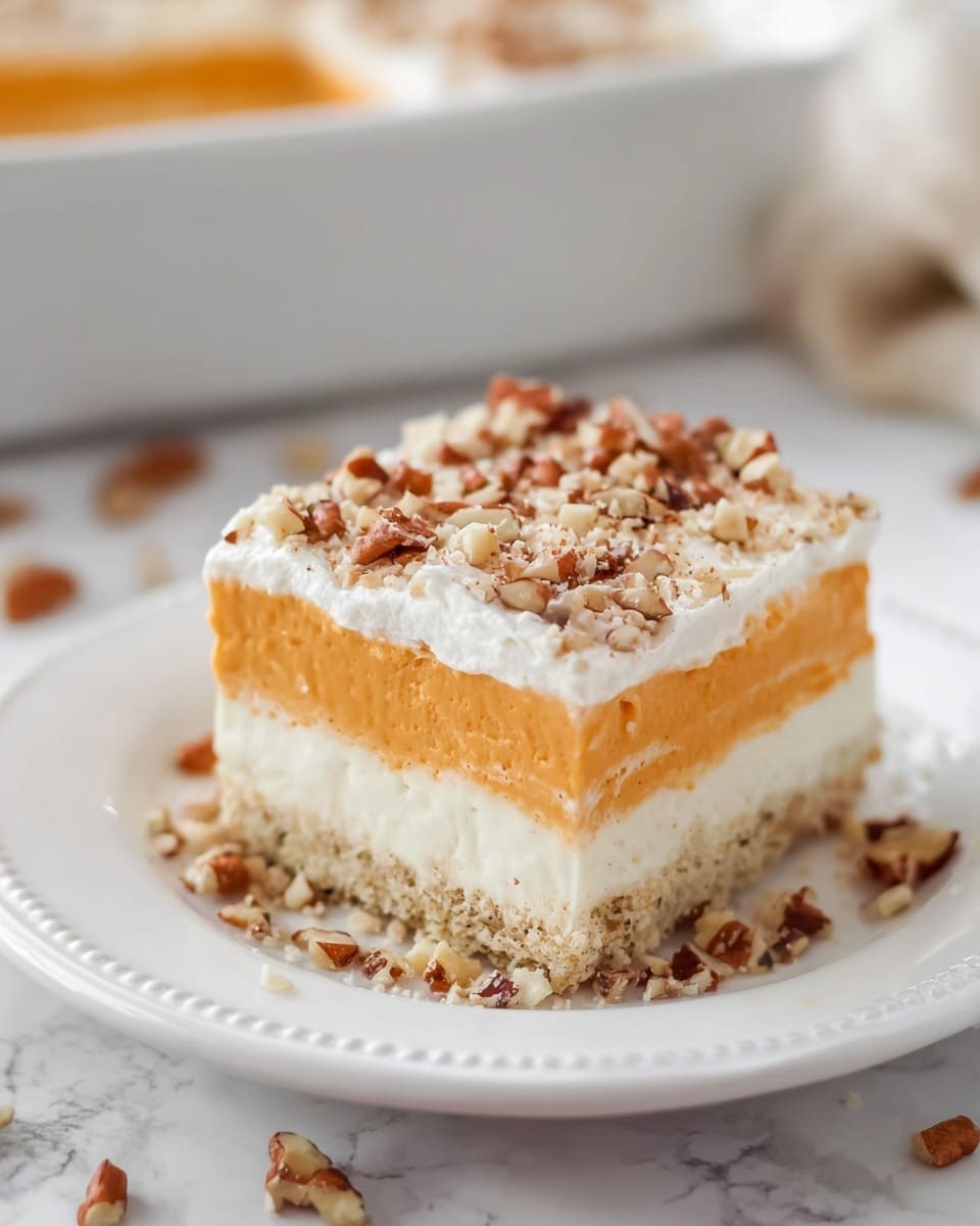 A square piece of layered dessert sits on a white plate with small dot patterns around the edge, placed on a white marbled surface. The dessert has three clear layers: a light beige nutty base with a slightly rough texture, a thick middle layer of smooth, orange pumpkin filling, and a top layer of white whipped cream. Crushed nuts are sprinkled generously over the whipped cream and scattered around the plate, adding a crunchy texture. In the background, there is a white dish holding more of the dessert, slightly out of focus. Photo taken with an iphone --ar 4:5 --v 7