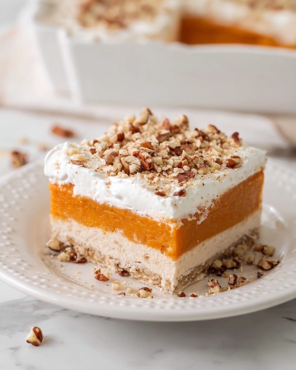 A square slice of dessert sits on a white plate with a dotted edge, showing four clear layers: the bottom layer is light beige and nutty with a coarse texture, the second layer is smooth and white, the third layer is a thick, creamy orange, and the top layer is fluffy white cream sprinkled generously with chopped brown nuts. More chopped nuts are scattered lightly around the slice on the plate, all placed on a white marbled surface. Behind the slice, there is a white dish with more of the dessert inside, slightly out of focus. photo taken with an iphone --ar 4:5 --v 7