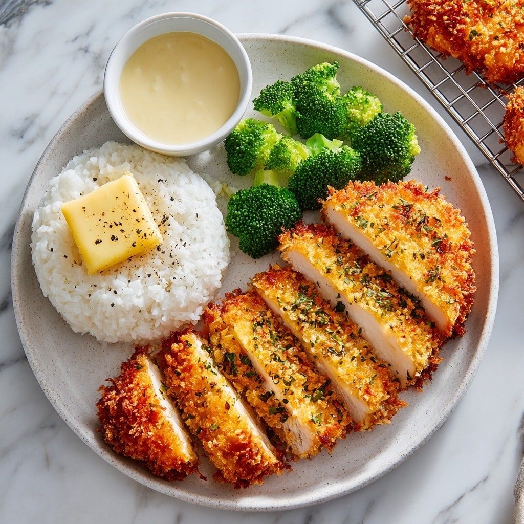 The dish shows a white plate with several layers: on the right is a golden-brown crusted chicken cut into seven strips with a crispy texture, in the middle top is a small white bowl of creamy white sauce, to the left of the bowl are bright green steamed broccoli florets, and on the far left is a mound of white rice topped with a square of butter sprinkled with black pepper and herbs. The plate sits on a white marbled surface with a wire rack holding more golden crusted chicken pieces slightly out of focus in the background. Photo taken with an iphone --ar 4:5 --v 7
