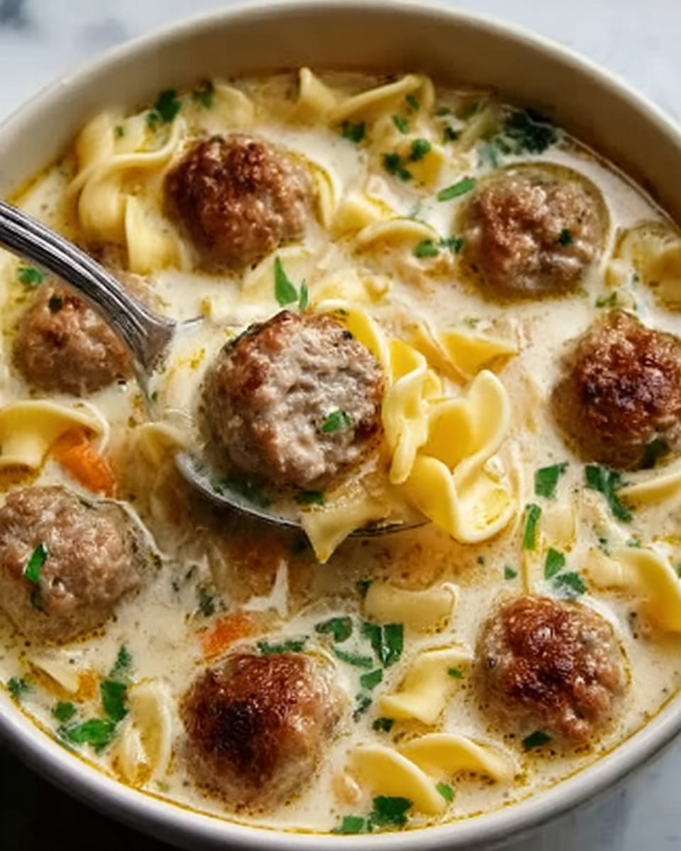 A close-up of a white bowl filled with creamy soup, showing multiple round meatballs scattered throughout the dish. The soup base is light yellowish with a smooth texture and has soft yellow noodles placed in between the meatballs. Small green parsley bits are sprinkled on top, adding a fresh touch. An antique golden spoon is holding a single browned meatball over the soup, slightly lifted above the surface. The photo is set on a white marbled background. Photo taken with an iphone --ar 4:5 --v 7