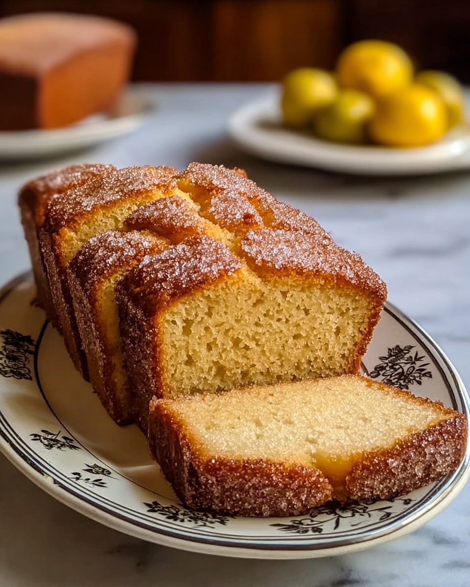 A rectangular, golden brown loaf cake with a sugary crust on top is sliced into thick pieces, revealing a soft and moist light beige interior. The loaf is arranged on a white plate with a dark floral pattern along the rim, placed on a white marbled surface. The top texture is rough due to the sugar grains, while the sides are darker and smooth, showing a slightly crisp crust. In the blurred background, there are some yellow fruits and a whole loaf on a white plate. Photo taken with an iphone --ar 4:5 --v 7