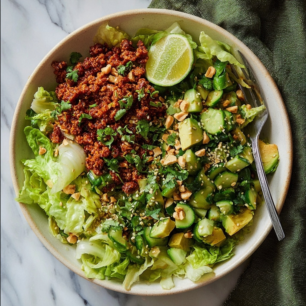 A white bowl filled with a colorful salad in three main layers: the bottom layer mostly consists of light green napa cabbage leaves, roughly torn; the middle layer is made of chopped green cucumber pieces, mixed with sliced avocado chunks, scattered with white sesame seeds and crushed peanuts; the top layer features a generous portion of reddish-brown minced meat or textured protein, garnished with chopped green onions and fresh herbs. On one side of the bowl, a halved lime with a juicy, slightly squeezed look rests atop the napa cabbage. A metal fork is placed partly inside the reddish-brown minced portion. The bowl sits on a white marbled textured surface, with a bit of green cloth visible nearby. photo taken with an iphone --ar 4:5 --v 7