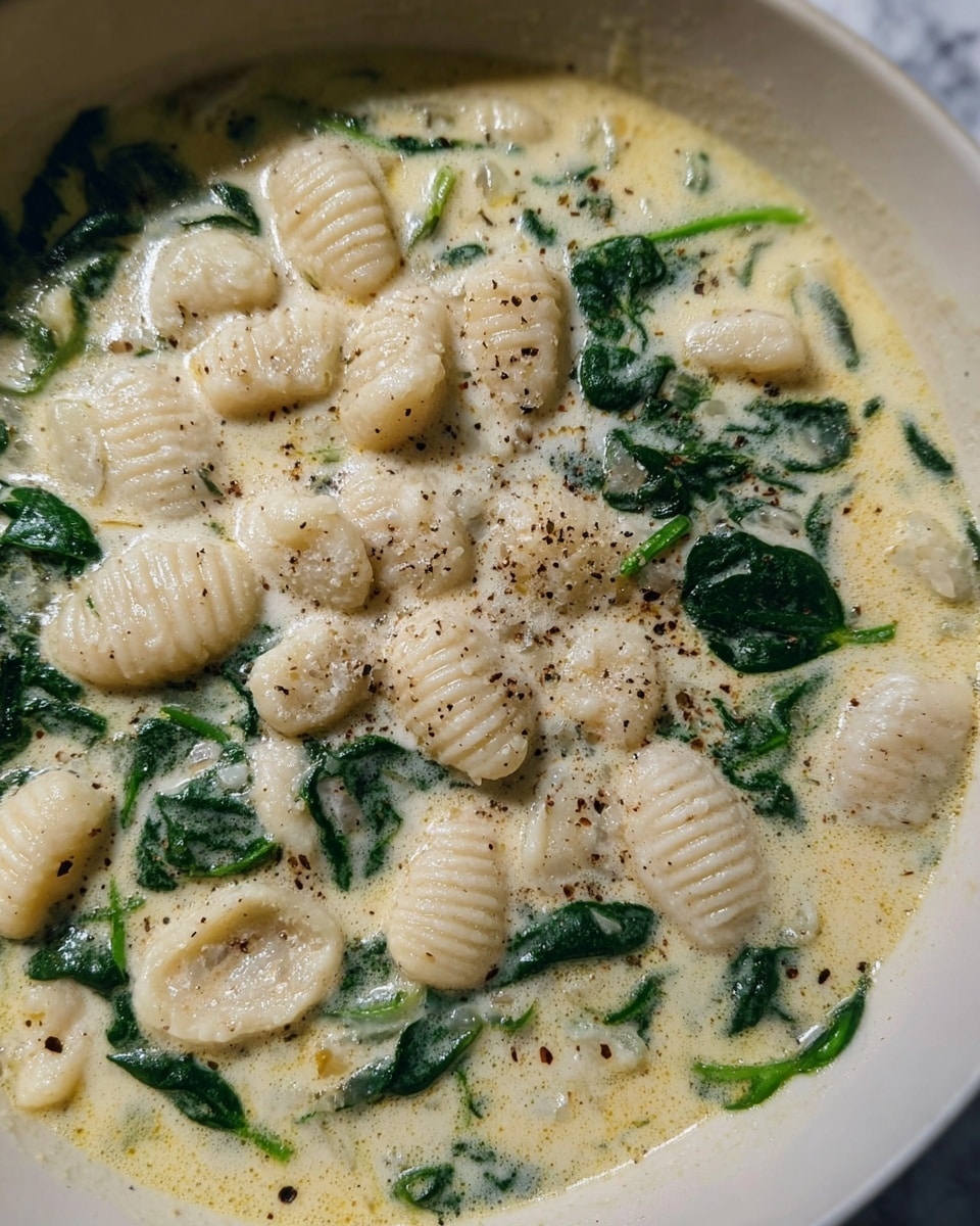 The image shows a close-up of a creamy soup in a white bowl, with many small, pale, ridged gnocchi pieces layered on top and partially submerged. The soup is light yellowish-cream color with a slightly oily texture, mixed with specks of black pepper and herbs. Dark green spinach leaves float in the soup, creating a contrast against the creamy base. The gnocchi are clustered mostly in the center, giving a textured, soft look. The photo is taken on a white marbled background. Photo taken with an iphone --ar 4:5 --v 7