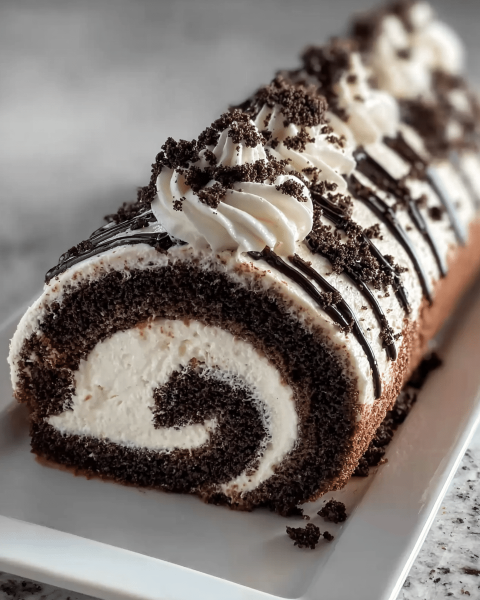 A white plate holds a chocolate roll cake with three main layers: a dark chocolate sponge cake outer layer that looks soft and crumbly, a thick white cream layer rolled inside, and a topping of whipped cream swirled along the top. The whipped cream is decorated with dark chocolate crumbs and thin lines of chocolate sauce drizzled over it. Crumbs also scatter around the base of the cake roll. The background is a white marbled texture. Photo taken with an iphone --ar 4:5 --v 7