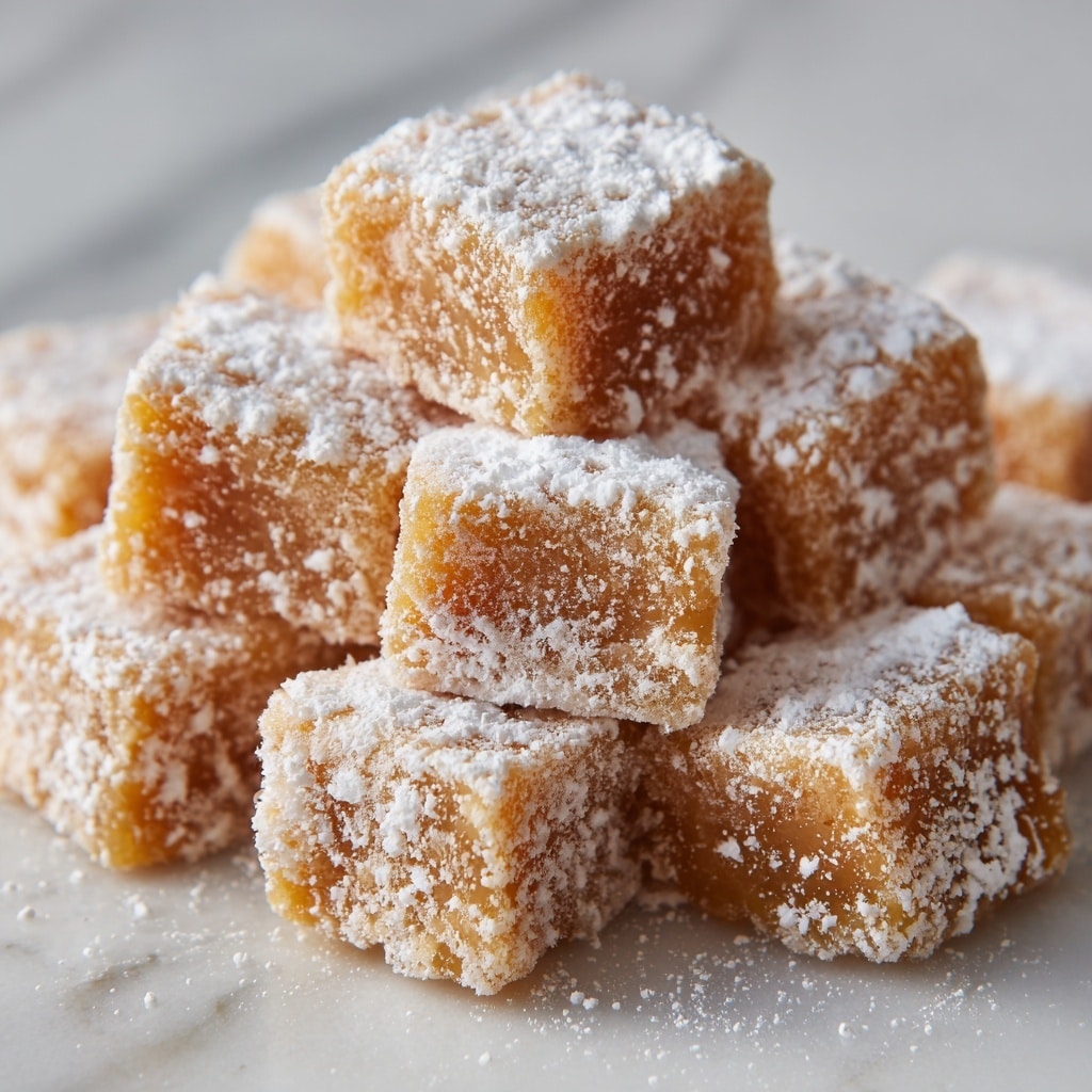 The image shows a close-up of many small square pillow-shaped snacks. Each piece has a light brown color covered in a thick layer of white powder. Some of the squares have caramel-colored filling visible, oozing slightly from the edges, adding a glossy texture to the matte powder coating. The snacks are piled up randomly, filling the entire frame, with light and shadow bringing out their soft, puffy texture. The background is a white marbled surface. photo taken with an iphone --ar 4:5 --v 7