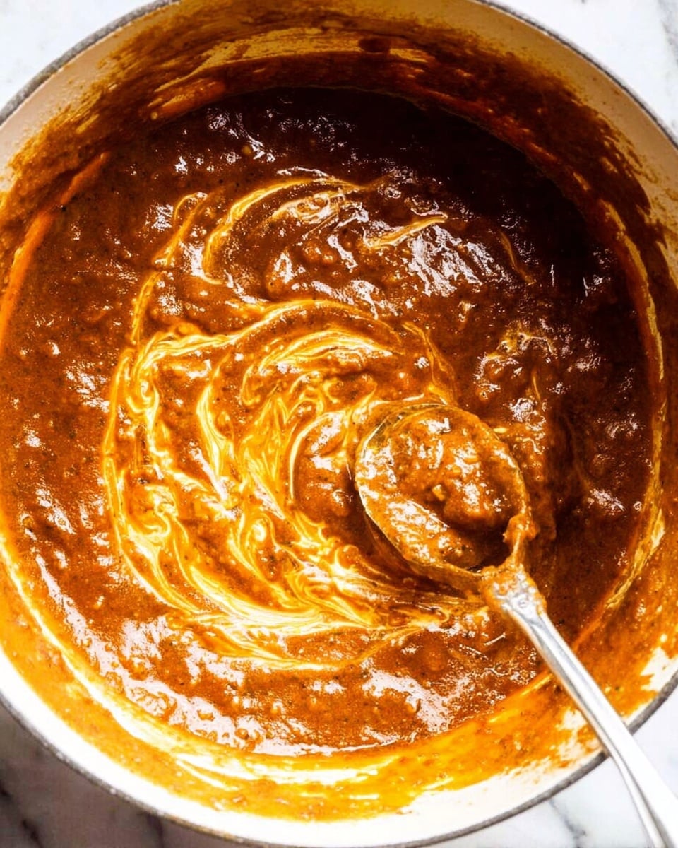 The image shows a close-up of a pot with a thick stew or curry being stirred by a silver ladle. The dish has two main layers: a darker brown base layer that looks rich and chunky, mixed with a swirl of creamy, lighter orange sauce on the surface, creating a marbled effect. The mixture appears glossy and smooth with some texture from the cooked ingredients, and the ladle is partially submerged in the center, covered with the sauce. The background is a white marbled texture. photo taken with an iphone --ar 4:5 --v 7