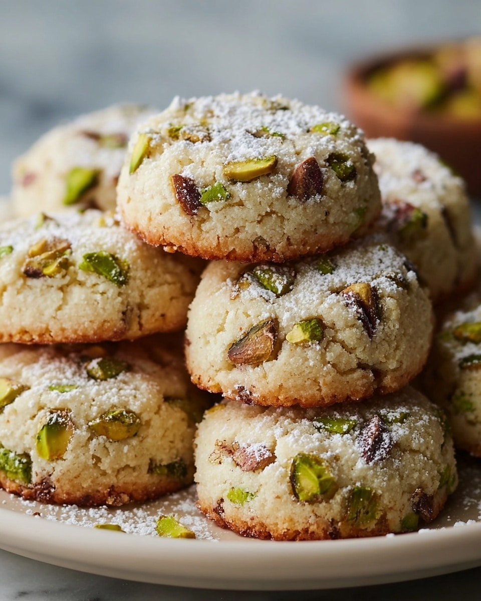 A close-up view shows a stack of round, light beige cookies studded with green and brown pieces of pistachio nuts. Each cookie has a slightly rough texture with a golden-brown bottom edge, suggesting a soft but firm bake. The top of each cookie is lightly dusted with a fine layer of white powdered sugar, adding a delicate snowy effect. The cookies are stacked unevenly on a white plate that rests on a white marbled textured surface, with some crushed pistachio pieces scattered around. The background is softly blurred, emphasizing the focus on the cookies. photo taken with an iphone --ar 4:5 --v 7