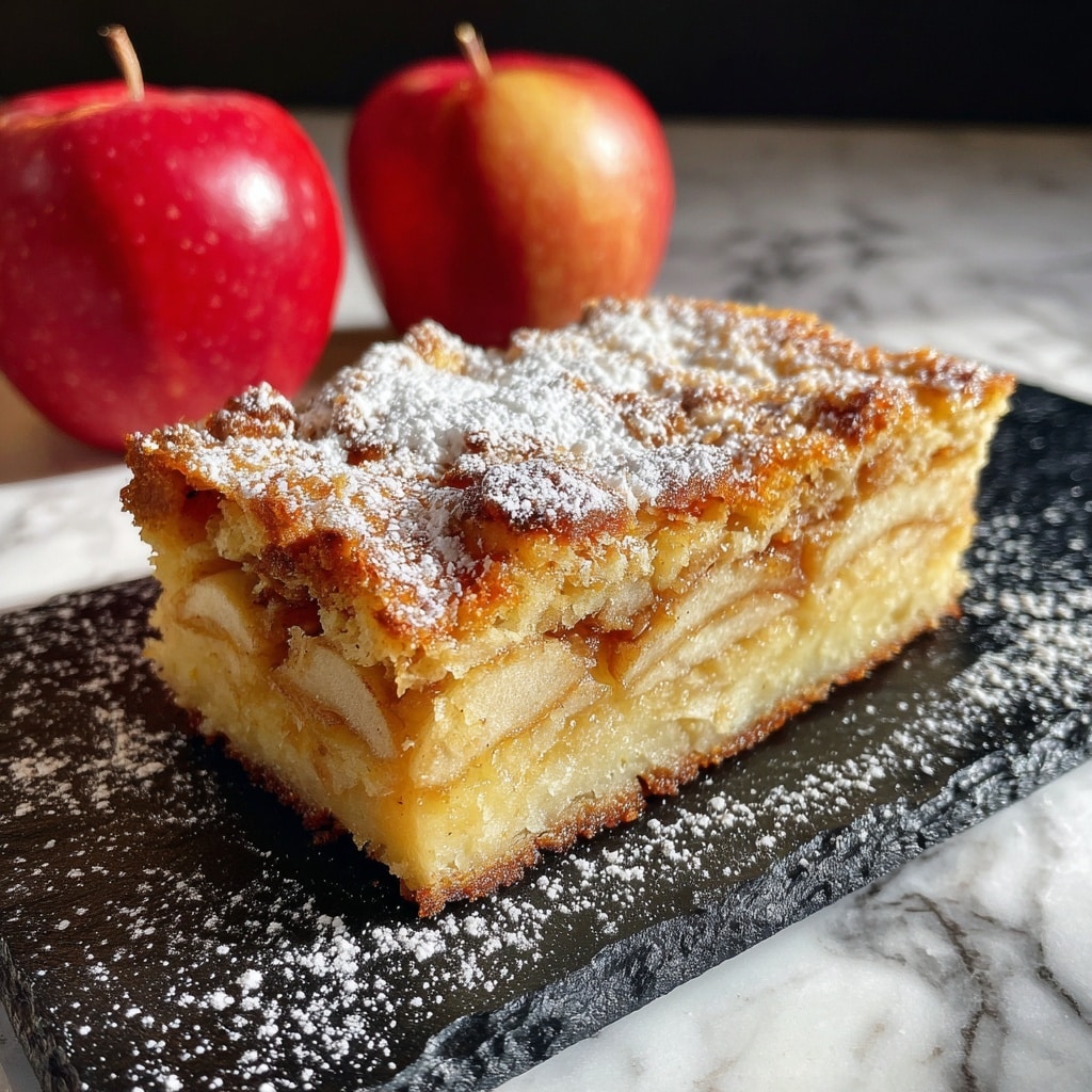 The image shows slices of a layered apple cake with a golden-brown, slightly crispy top dusted with powdered sugar. The cake has about 7 to 8 visible thin layers of soft, light beige apple slices stacked closely, creating a textured look inside. The edges of the cake are slightly darker and crunchy. The slices are placed on a flat white marbled surface, and some light powdered sugar is scattered around the cake. The cake looks moist and tender. photo taken with an iphone --ar 4:5 --v 7