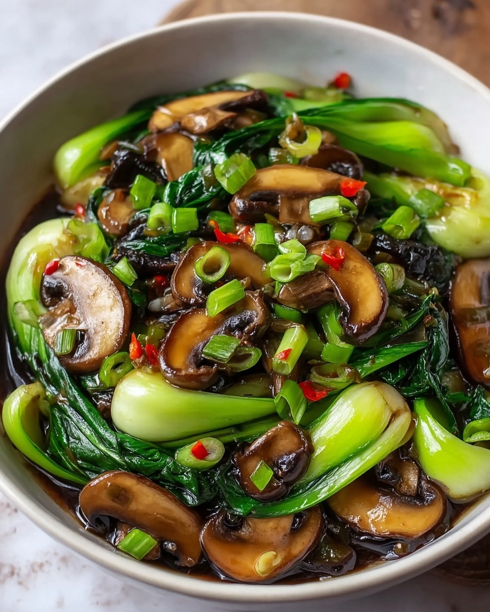 A white bowl filled with a dish that has three main layers: at the bottom, dark brown sauce with a glossy texture; in the middle, bright green bok choy stems and leaves with a fresh and shiny look; on top, browned, sliced mushrooms with visible texture, scattered with small green scallion pieces and thin red chili strips, all adding color and freshness. The dish looks moist and well-cooked with a mix of smooth and leafy textures. The background is a white marbled surface. photo taken with an iphone --ar 4:5 --v 7