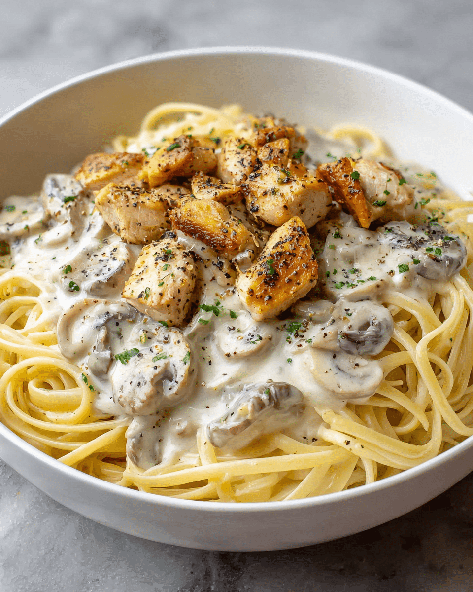 A white bowl filled with creamy pasta layers, starting with a base of long, thin spaghetti noodles in a pale yellow color. On top are light brown, grilled chicken pieces with slight charring, and thick slices of sautéed mushrooms, both covered in a rich, white creamy sauce with specks of green herbs sprinkled all over. The creamy sauce glistens and binds the ingredients together, giving a smooth texture to the dish. The bowl sits on a white marbled surface. Photo taken with an iphone --ar 4:5 --v 7