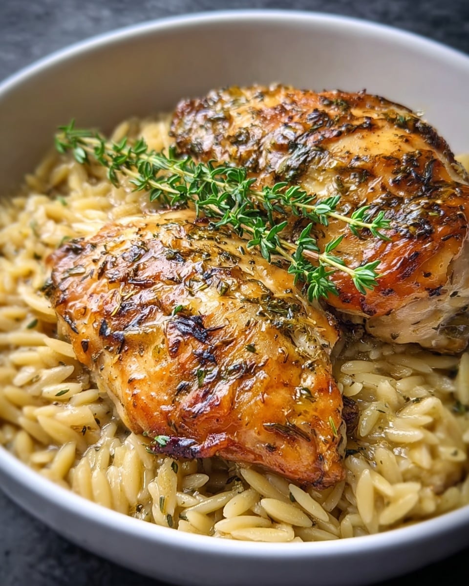 A close-up of a white bowl filled with a base layer of golden, glossy orzo pasta coated in a light herb sauce, topped with two large pieces of roasted chicken with crispy, browned skin speckled with herbs and garlic. A fresh green sprig of thyme sits on top as garnish, adding a touch of vibrant color to the warm tones of the dish. The dish is photographed on a white marbled texture. photo taken with an iphone --ar 4:5 --v 7