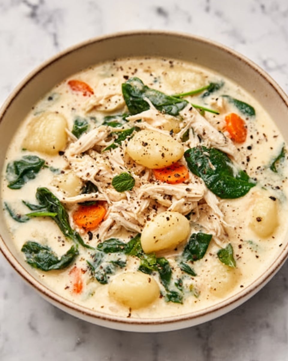 The image shows a white bowl filled with creamy soup layered with chunks of tender chicken and small gnocchi pieces. Bright green spinach leaves float throughout, adding a fresh touch. Thin slices of orange carrot are scattered on the surface, giving contrast to the mostly white creamy broth. Black pepper is sprinkled on top, giving a speckled look. The bowl is placed on a soft white marbled surface with a textured gray cloth nearby. photo taken with an iphone --ar 4:5 --v 7