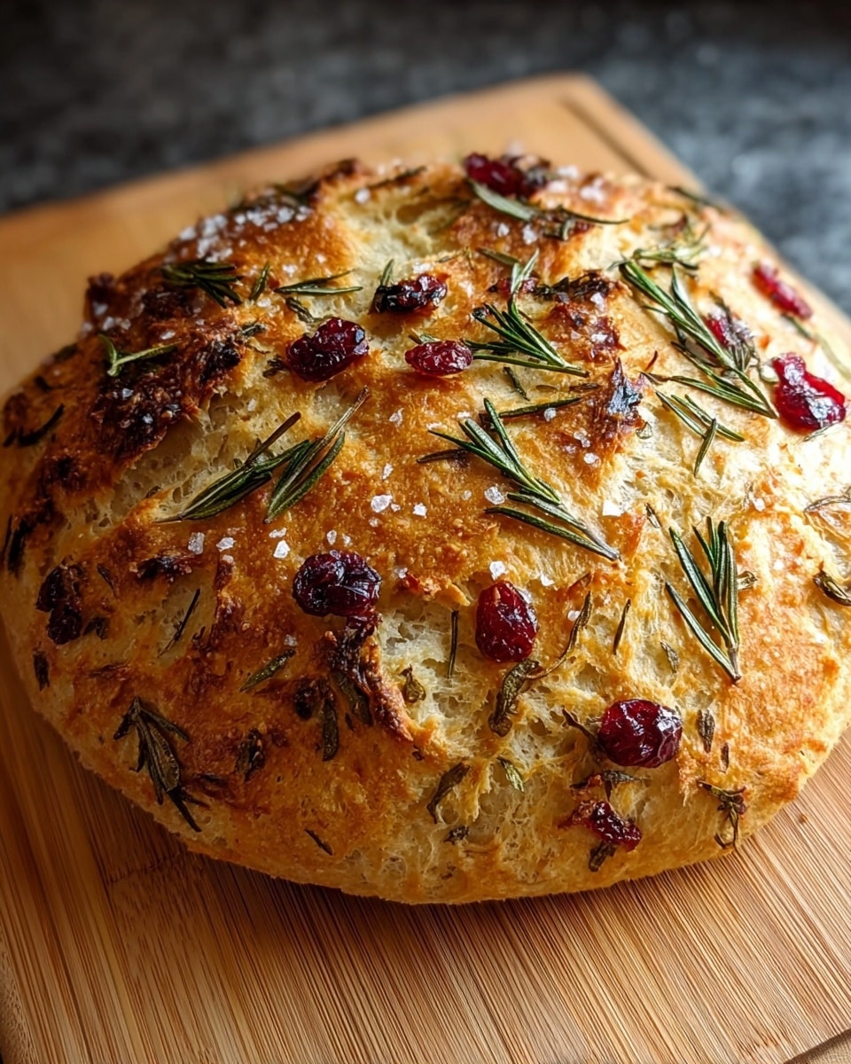 A golden brown round bread loaf sits on a wooden cutting board, with a rough, cracked crust texture. This crust is sprinkled with coarse sea salt, dark green rosemary sprigs, and small clusters of bright red dried cranberries, adding pops of color. The bread looks soft inside with a slightly crispy, shiny outer layer. The background features a white marbled texture. photo taken with an iphone --ar 4:5 --v 7