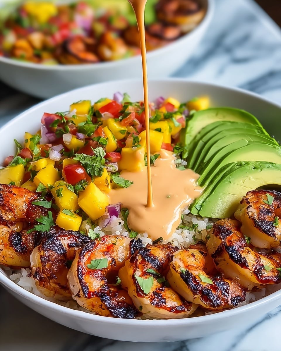 A white bowl filled with a base layer of white rice, topped with char-grilled shrimp showing dark grill marks and a slightly crispy texture, arranged along one side. Next to the shrimp, there is a colorful mango salsa made of yellow mango cubes, red tomatoes, green herbs, and small pieces of purple onion, adding bright color and freshness. On the opposite side, thin slices of green avocado are fanned out neatly. A creamy light orange sauce is being poured in the middle, drizzling over the shrimp and salsa. The bowl is set on a white marbled surface, and in the blurred background, another white bowl with similar contents is visible. photo taken with an iphone --ar 4:5 --v 7