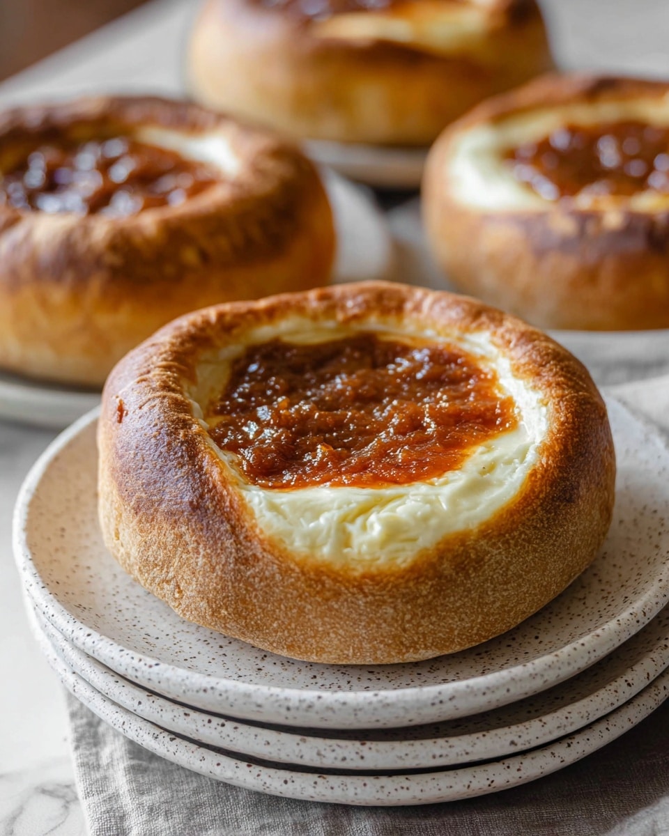 A close-up of a round baked bread with a thick brown crust forming the base layer, surrounding a smooth, creamy white cheese layer in the center. On top of the cheese is a thick, dark caramel-colored fruit or spice jam, slightly shiny and textured. The bread sits on a stack of white speckled plates, with a white marbled surface in the background. Additional similar breads are placed blurred in the background. The photo taken with an iphone --ar 4:5 --v 7