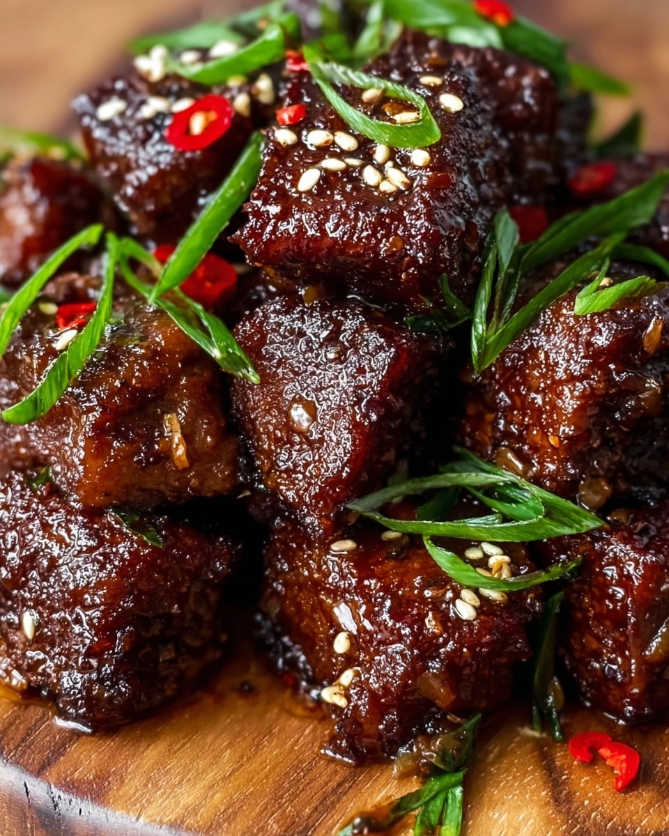 A close-up view of dark brown glazed meat cubes stacked on a wooden surface, each cube shiny with a sticky sauce and sprinkled with white sesame seeds and small red chili flakes. Bright green thinly sliced scallions are scattered on top, adding a fresh, crisp texture and color contrast. Some meat pieces show a slightly crispy, textured surface, while others reveal a moist interior. The overall look is rich, spicy, and savory with a focus on the varied textures and bright green accents. Photo taken with an iphone --ar 4:5 --v 7