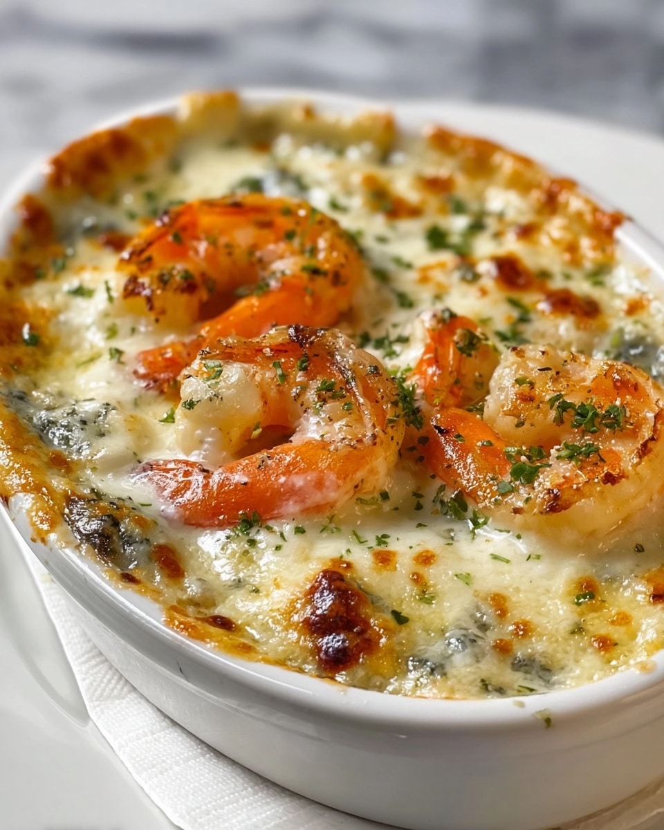 A white oval dish filled with a baked seafood dish showing multiple layers, starting with a creamy white base layer, topped with plump, pink-orange shrimp scattered evenly across. The dish is covered with melted cheese that has golden brown spots and a slightly crispy texture. Small green herb bits are sprinkled all over the top, adding contrast to the creamy and golden colors. The dish sits on a light wooden board, and the background has a white marbled texture. photo taken with an iphone --ar 4:5 --v 7