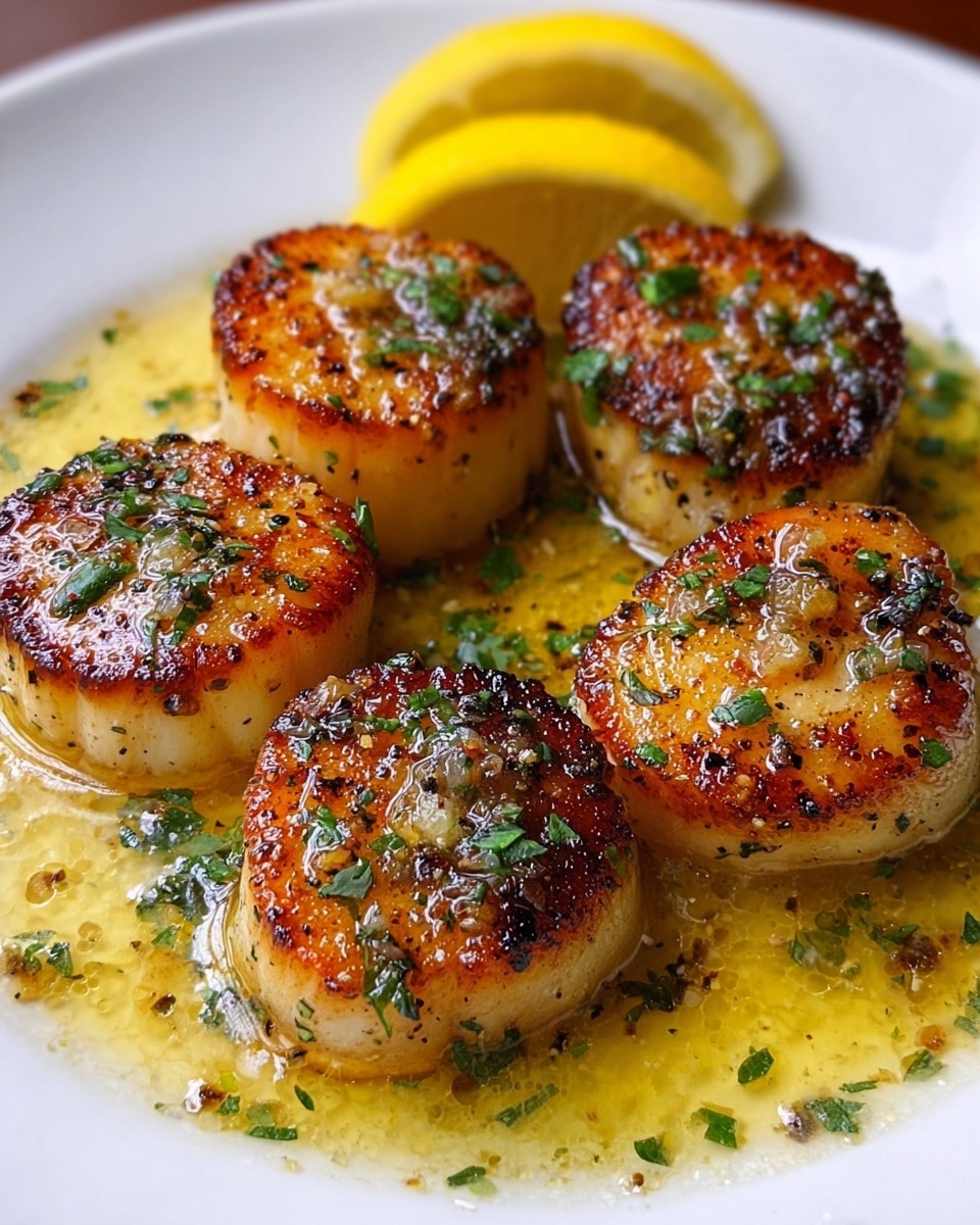 The image shows six golden-brown seared scallops arranged in a circle on a white plate, each scallop having a caramelized crust with specks of black pepper and fresh green herbs on top. The scallops rest in a pool of glossy butter sauce with bits of herbs scattered around, giving a rich yellow color contrast. At the back of the plate, there are two bright yellow lemon wedges, adding a fresh touch. The background is a white marbled texture. photo taken with an iphone --ar 4:5 --v 7