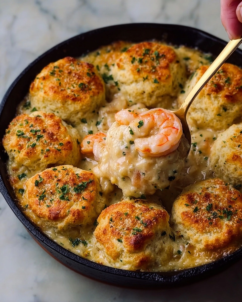 A black skillet filled with a creamy shrimp dish topped with eight golden-brown biscuit rounds arranged in a circle. Each biscuit has a textured, slightly crispy top sprinkled with green herbs. The creamy sauce underneath is light-colored with visible pink shrimp and small green herb flakes, creating a rich and comforting look. The creamy sauce is thick and coats the shrimp and biscuits, with one biscuit being lifted by a woman's hand on a gold spoon, showing fluffy, soft layers inside. The skillet rests on a white marbled surface. photo taken with an iphone --ar 4:5 --v 7