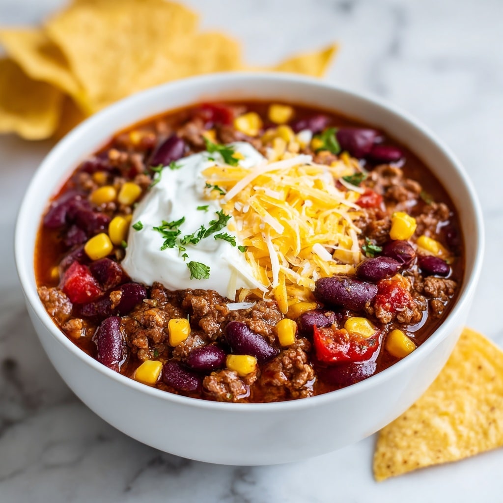 A white bowl filled with a colorful taco soup with visible layers of dark red kidney beans, brown cooked ground beef, bright yellow corn, and diced red tomatoes. On top, there is a white dollop of sour cream and a sprinkling of shredded yellow and white cheese. The bowl is placed on a white marbled surface, alongside a few light yellow tortilla chips leaning against the side. Photo taken with an iphone --ar 4:5 --v 7