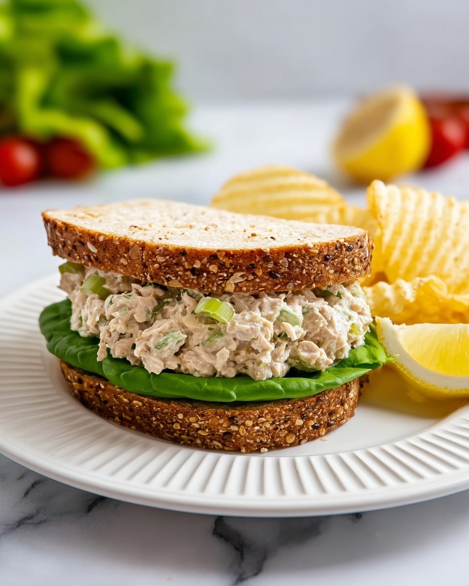 A white speckled bowl filled with a creamy tuna salad mixture that has visible light beige tuna flakes, small bright green celery pieces, and flecks of fresh green herbs, all blended with a smooth, pale mayonnaise base; a silver spoon sits inside the bowl on the right side, partially buried in the salad. The bowl rests on a white marbled surface, with three lemon wedges and a green herb sprig placed near the top left of the shot, and a white cloth is partially visible on the right side. photo taken with an iphone --ar 4:5 --v 7
