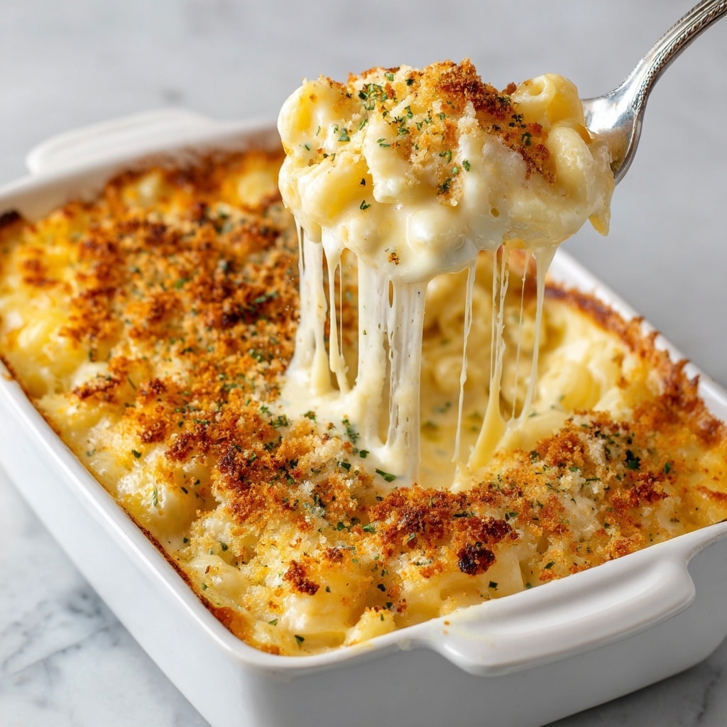 The image shows a close-up of baked macaroni and cheese in a white ceramic baking dish. The dish has two main layers: the bottom layer is creamy, pale yellow macaroni pasta covered in a melted cheese sauce, and the top layer has a golden-brown, crunchy breadcrumb crust sprinkled evenly across the surface. A few small green herb leaves decorate the top, adding a slight contrast in color. Part of the macaroni has been scooped out, revealing the thick, gooey, and cheesy texture inside. The dish sits on a white marbled surface. Photo taken with an iphone --ar 4:5 --v 7