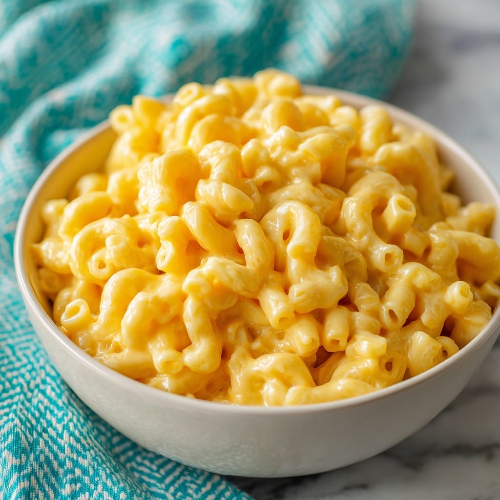 A close-up view of creamy macaroni and cheese served in a white bowl, showing a thick layer of elbow pasta covered in smooth, rich, golden-yellow cheese sauce. The pasta pieces are small, curved tubes packed tightly together, with the cheese coating each piece evenly, giving the dish a glossy, luscious texture. The bowl sits on a white marbled surface, adding a soft contrast to the vivid yellow of the macaroni and cheese. photo taken with an iphone --ar 4:5 --v 7