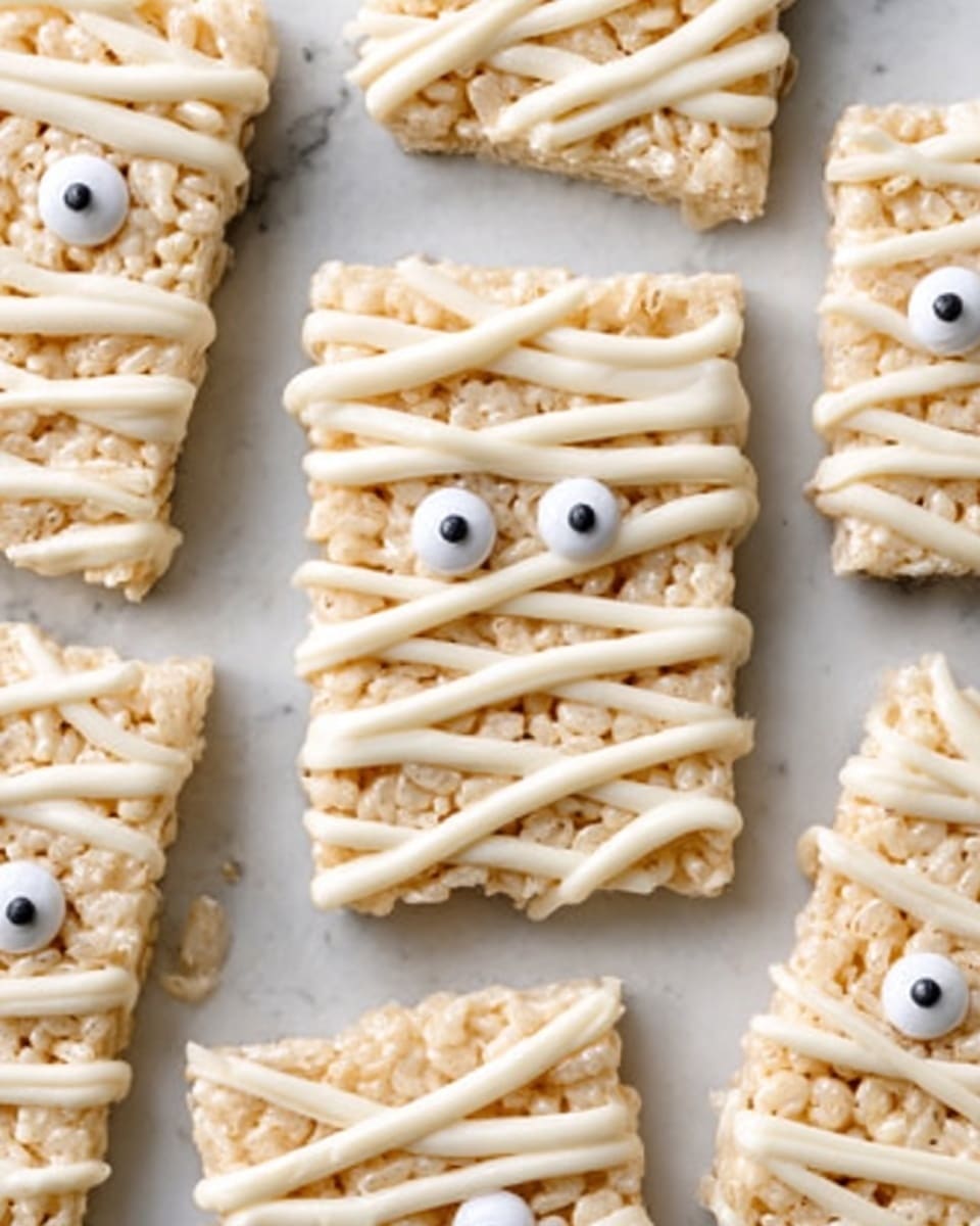The image shows several rectangular treats laid out on a white marbled surface. Each treat has multiple thin layers of light beige, crumbly texture resembling a cereal base. They are covered with a thick drizzle of white icing arranged in crisscross patterns to look like mummy wrappings. Two small round white candy eyes with black pupils are placed near the top center of each treat. The overall look is playful and Halloween-themed, with the layering and icing creating a textured, wrapped effect. Photo taken with an iphone --ar 4:5 --v 7