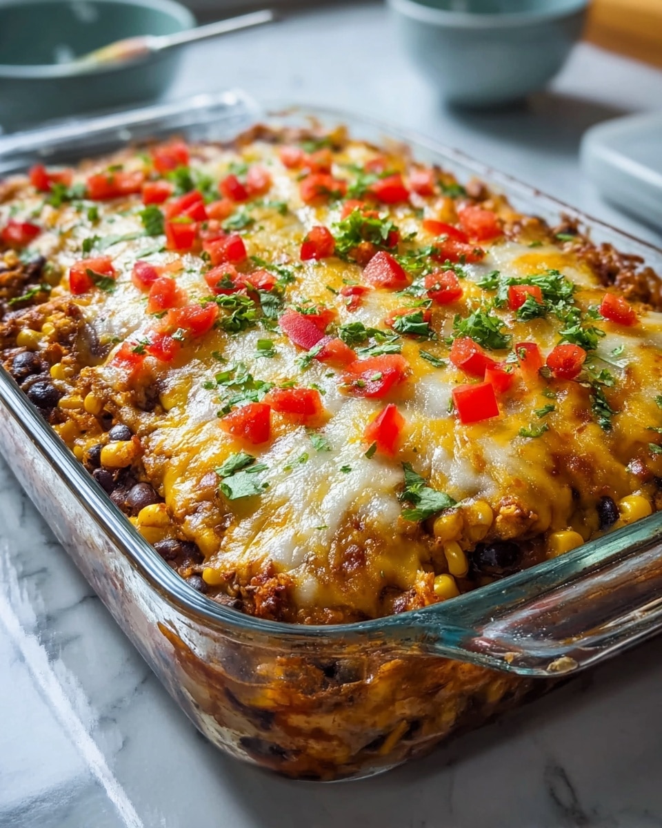 A glass baking dish filled with a layered casserole featuring a base of black beans and corn mixed with a spiced sauce, topped with a thick layer of melted yellow and white cheese, scattered with diced red bell peppers and fresh green cilantro leaves. The cheese appears melted and slightly browned in places, creating a shiny, golden surface with colorful red and green accents. The dish rests on a white marbled texture surface, giving a clean and bright look. photo taken with an iphone --ar 4:5 --v 7