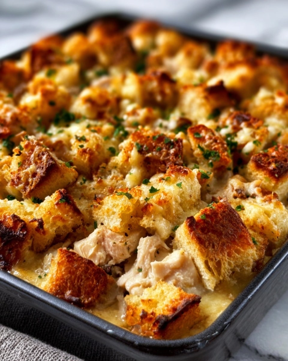 A close-up view of a baked casserole in a black rectangular dish, showing a top layer of golden-brown toasted bread cubes mixed with melted cheese and small bits of green herbs. Below the crispy bread layer, tender pieces of white chicken are visible, mixed with a creamy sauce that fills the dish evenly. The bread cubes have a crunchy texture with browned edges, and the herbs add specks of green color on top. The background is a white marbled surface. photo taken with an iphone --ar 4:5 --v 7