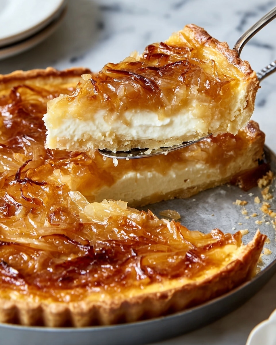 The image shows a savory pie with three clear layers in a round baking pan. The bottom layer is a golden-brown flaky crust, the middle layer is a soft, white creamy filling, and the top layer is made of caramelized, golden-brown onions spread evenly with a glossy texture. A slice is being lifted with a silver spoon, revealing the inside layers clearly, while the rest of the pie remains in the pan on a white marbled surface. photo taken with an iphone --ar 4:5 --v 7