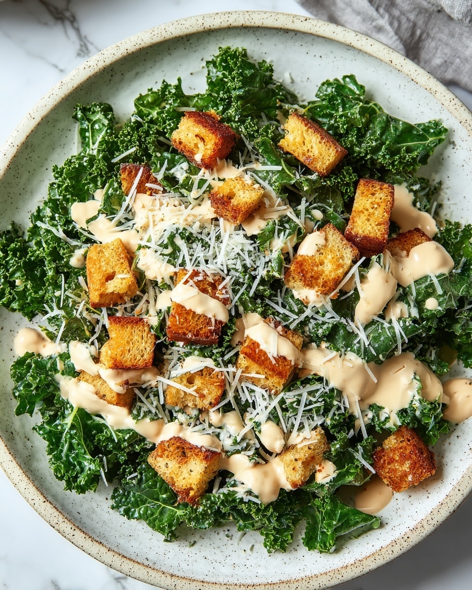 A white plate filled with fresh, dark green curly kale leaves forms the base layer, spread evenly across the surface. On top, golden-brown croutons are scattered, showing a crunchy texture with small holes inside. Drizzled over the kale and croutons is a creamy beige dressing, unevenly spread in small lines and patches. The entire dish is sprinkled generously with finely shredded white cheese, adding a light, fluffy texture on top. The plate rests on a white marbled surface with a few scattered croutons and bits of cheese around. photo taken with an iphone --ar 4:5 --v 7
