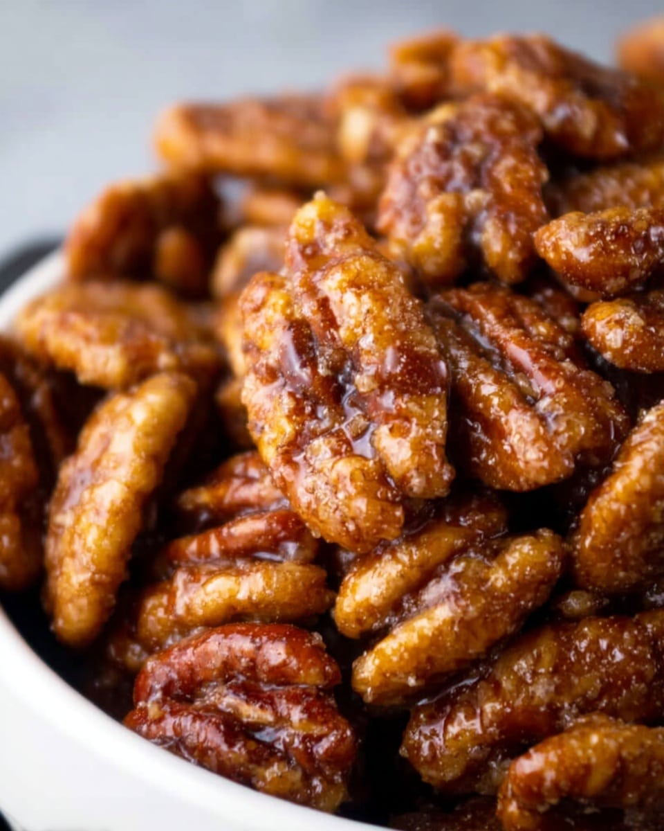 The image shows a close-up view of a bowl filled with candied pecans. The pecans are golden brown with a shiny, sugary coating that looks crunchy and caramelized. The bowl, which is white, holds a generous pile of these textured nuts, showing both whole and halved pecan pieces closely packed together. The background is softly blurred with a white marbled surface, which helps highlight the warm, rich colors and glossy texture of the candied pecans. photo taken with an iphone --ar 4:5 --v 7