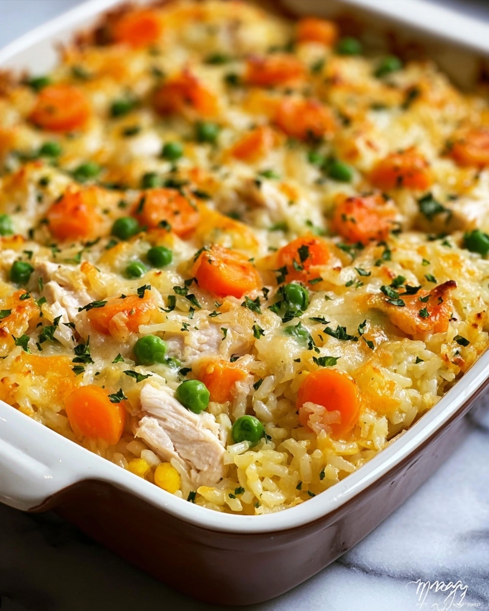 A baked dish in a gray rectangular pan, filled with creamy layers shown by soft, melted cheese with a light golden brown top, white chunks of cooked chicken scattered evenly, round orange carrot slices, and small bright green peas sprinkled throughout. The surface is slightly browned and garnished with finely chopped green herbs. The background has a soft focus with a white marbled table texture barely visible. Photo taken with an iphone --ar 4:5 --v 7