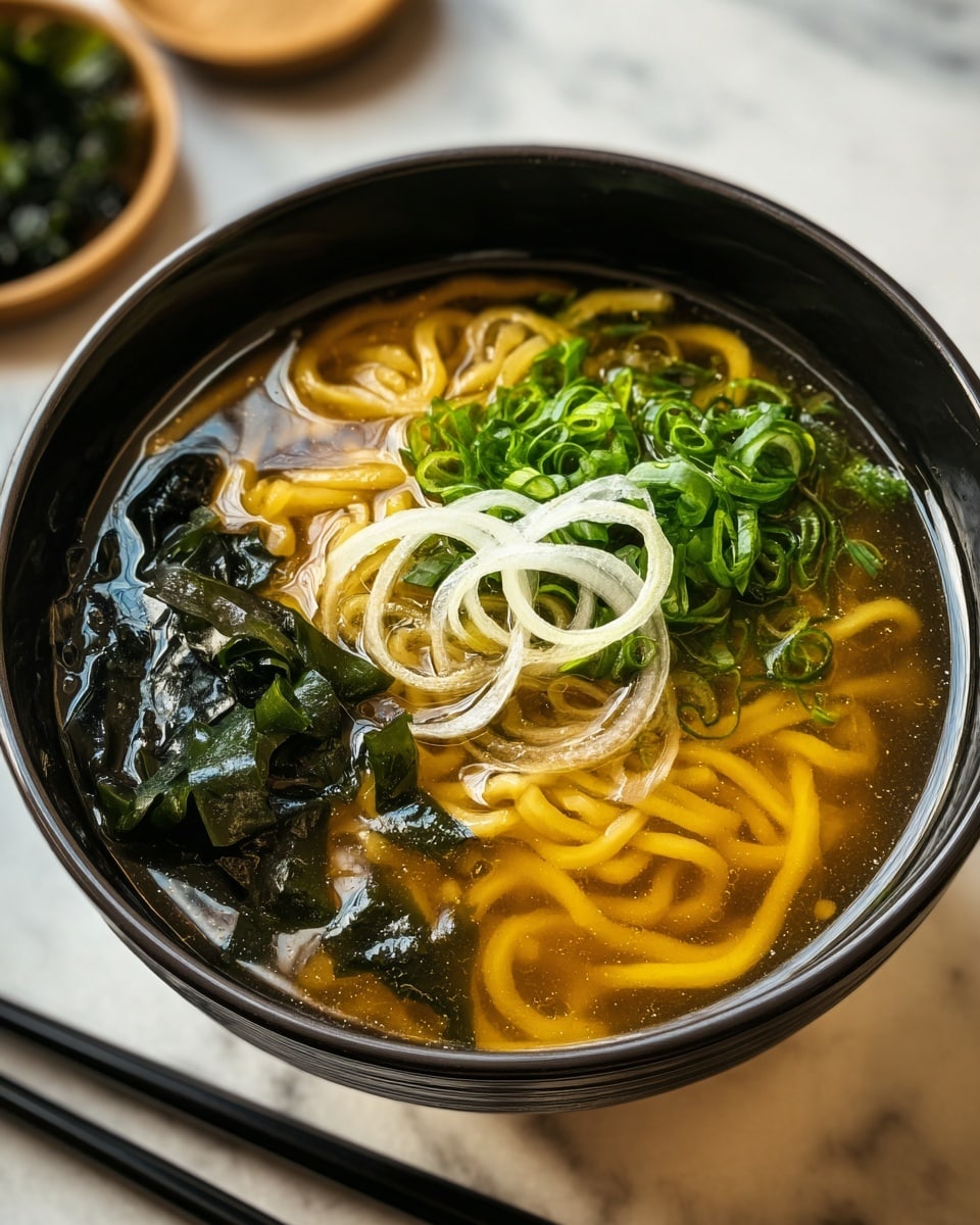 A black bowl filled with clear golden broth containing thin, pale yellow noodles that sit submerged in the liquid, topped with bright green sliced scallions scattered neatly in the center and a dark green piece of seaweed placed to one side, all floating on the surface. The bowl is set on a surface with a white marbled texture. Photo taken with an iphone --ar 4:5 --v 7
