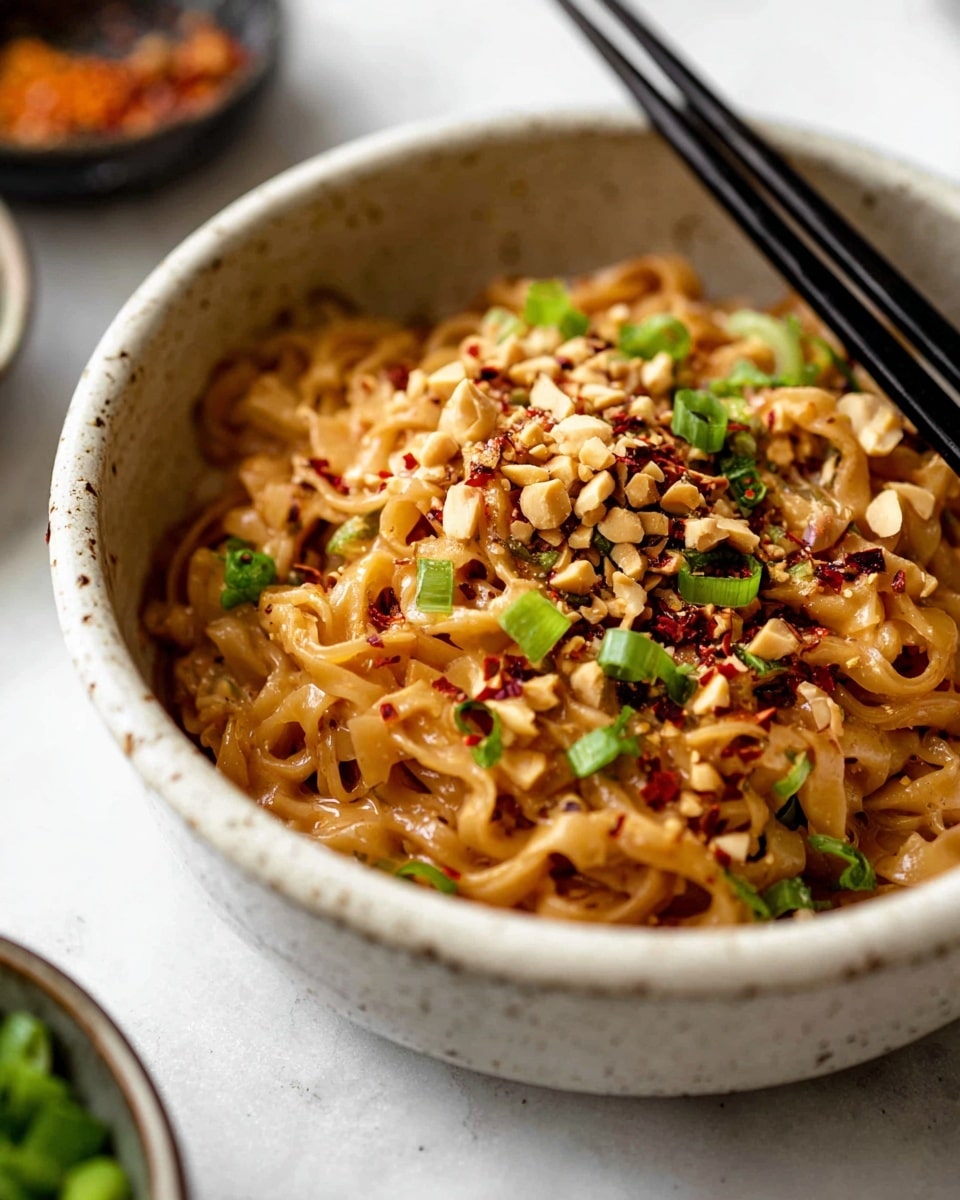 A close-up view of a bowl filled with creamy, light brown noodles coated in a rich sauce, topped with chopped green onions, crushed peanuts, and red chili flakes scattered across the surface, showing a mix of soft and crunchy textures. The noodles are thick and slightly twisted, all sitting inside a white speckled ceramic bowl. Black chopsticks rest on the bowl's edge, angled toward the viewer. The bowl is placed on a white marbled surface, with blurred bowls of green and orange ingredients in the background. Photo taken with an iphone --ar 4:5 --v 7